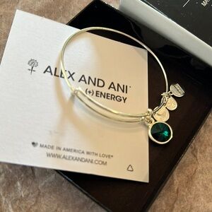 Alex and Ani shiny silver bangle- with Emerald stone